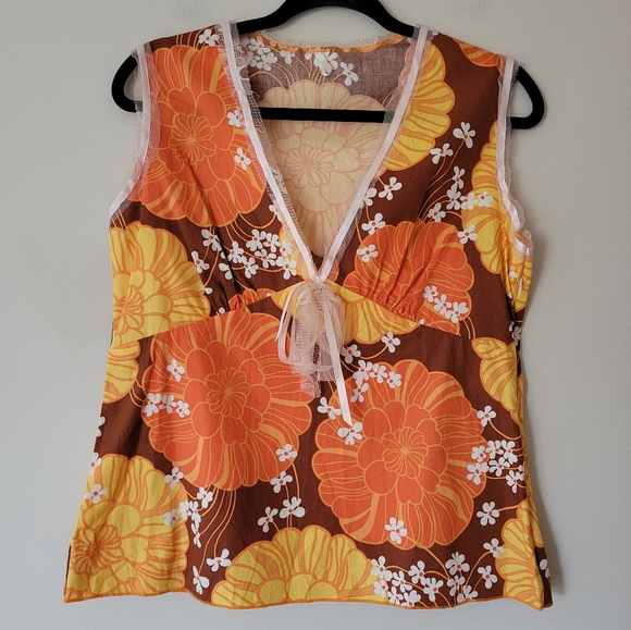 Vintage Tops - Vintage 70s Flower Power Babydoll Tank Top Orange Brown Size Medium